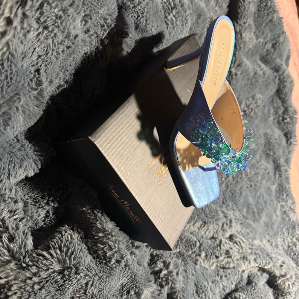 Anne Michelle Elegant Blue Heels with Green Embellishments - Picture 6 of 6